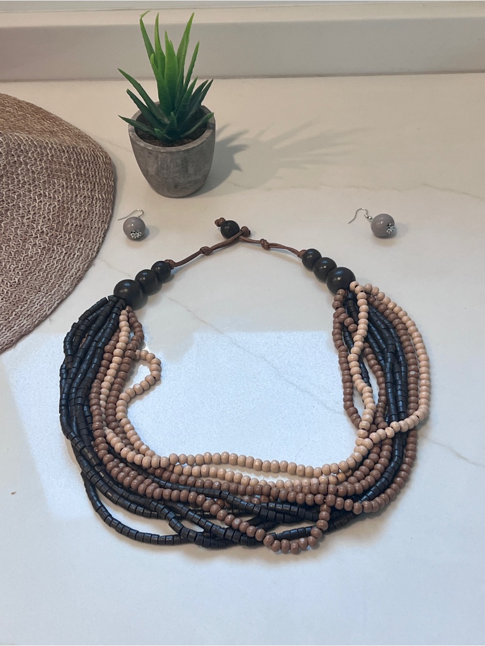 Handmade Multistrand Boho Beaded Necklace in Black and Taupe With Earrings